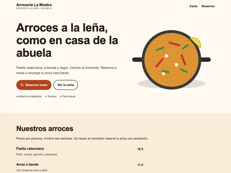 Diseño de muestra de la web de una arrocería