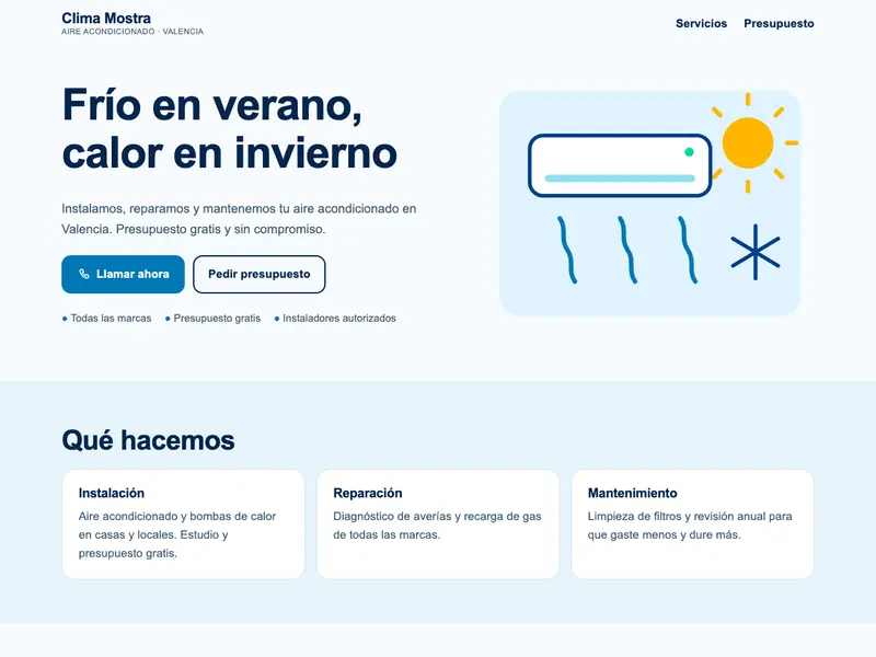 Diseño de muestra de la web de una empresa de climatización